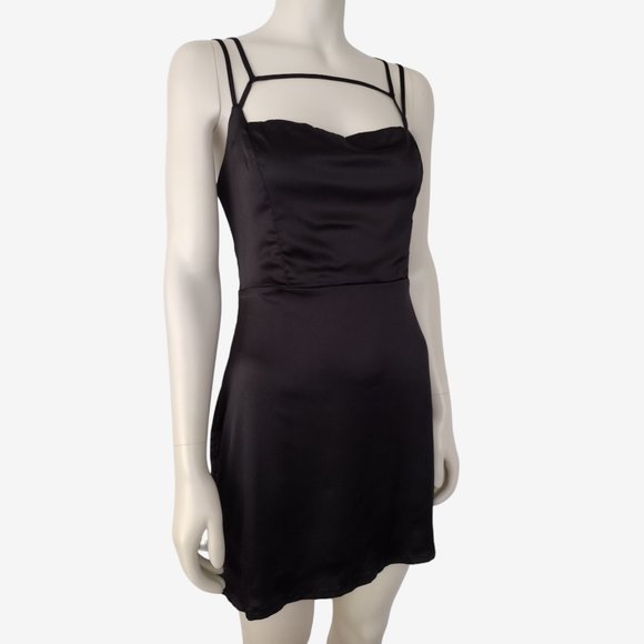 Forever 21 Black Silky Satin Strappy Cowl Neck Mini Sheath Dress Size L - Picture 3 of 12